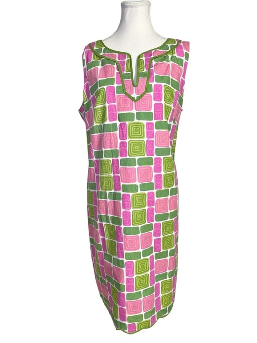 Talbots Pink & Green Mod Geometric
Cotton Sleeveless Shift Midi Dress